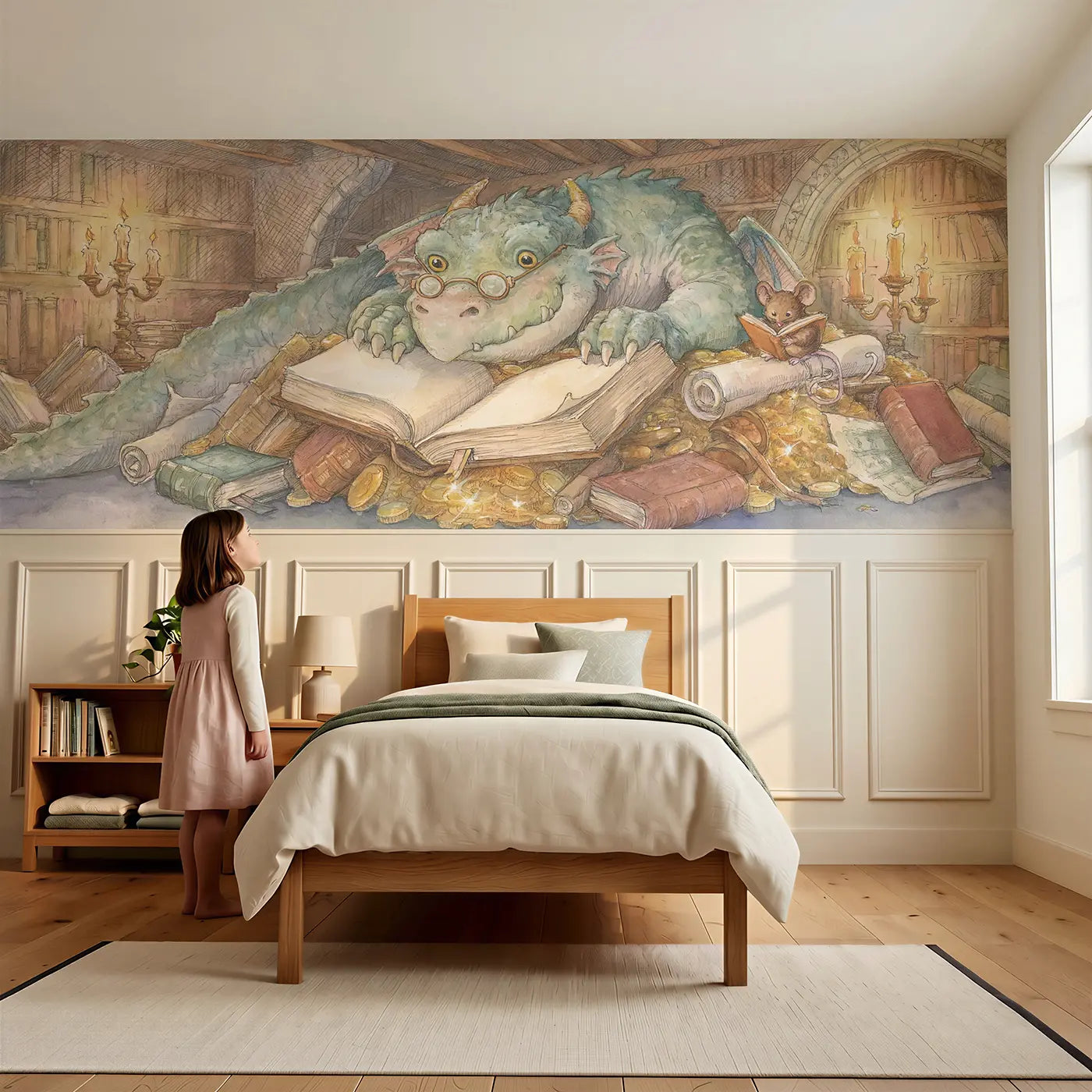 Child reading near Dragon Treasure Library Wainscoting Wallpaper by Whimsy Tots