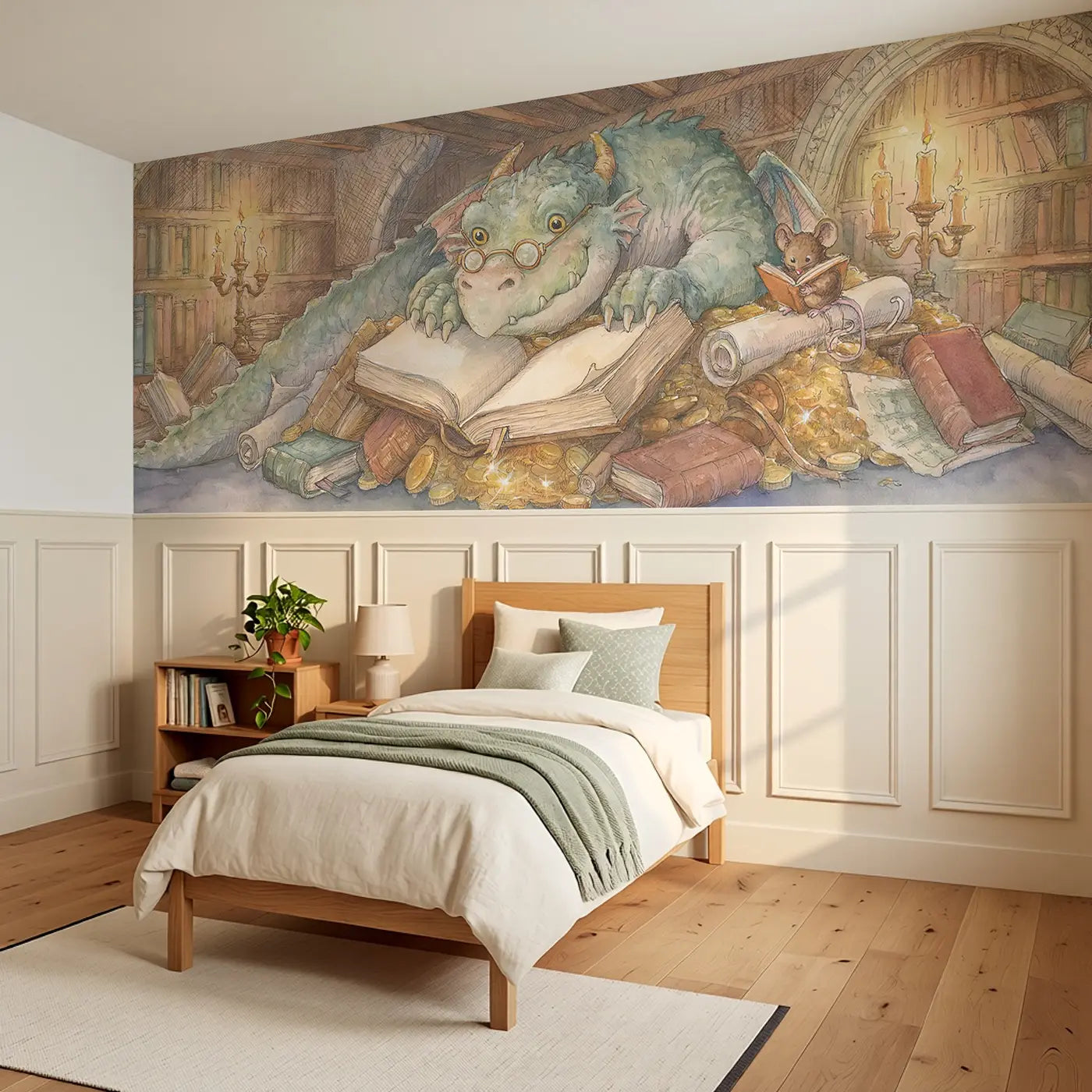 Dragon Treasure Library Wainscoting Wallpaper styled in a kids bedroom by Whimsy Tots