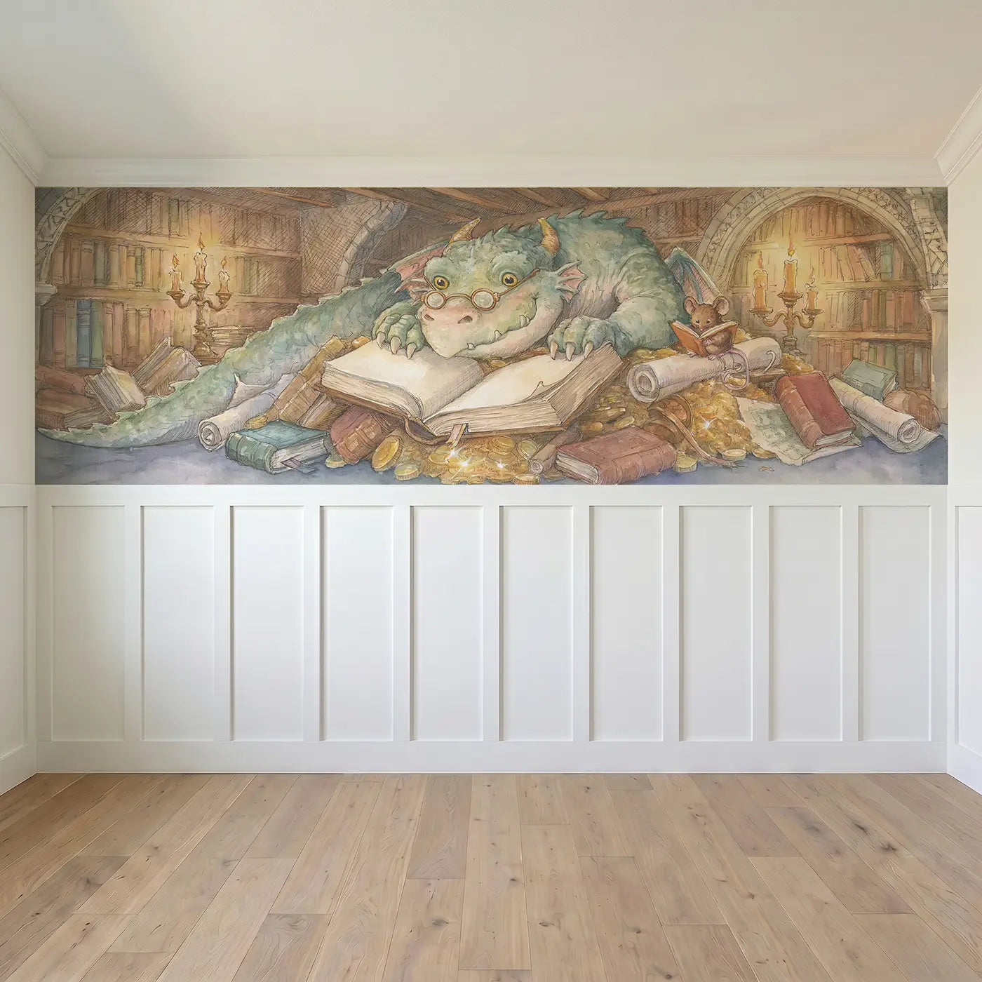Full panel view of Dragon Treasure Library Wainscoting Wallpaper by Whimsy Tots