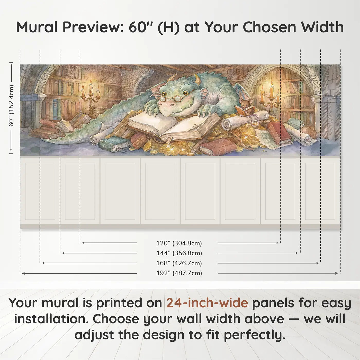 Panel dimensions for Dragon Treasure Library Wainscoting Wallpaper by Whimsy Tots