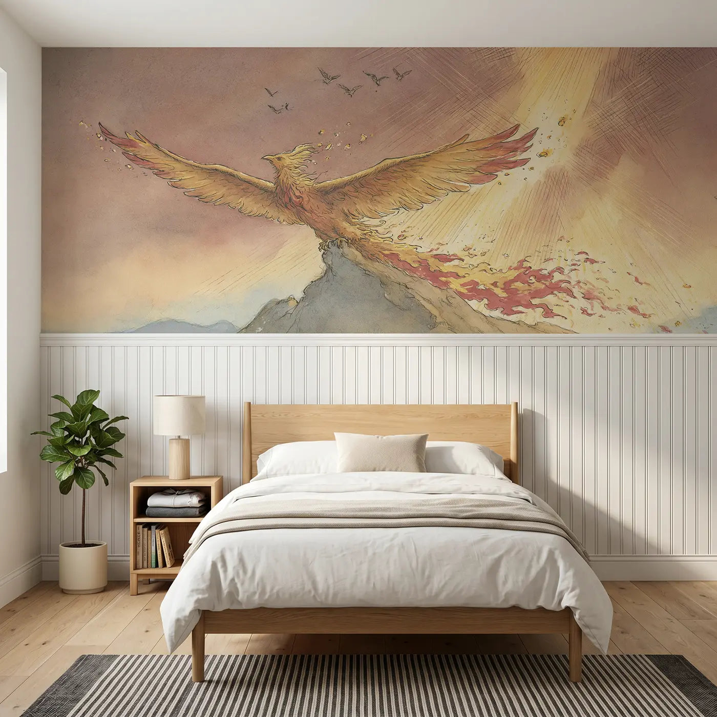 Storybook phoenix rising dawn sky wainscoting wallpaper for bedroom by Whimsy Tots