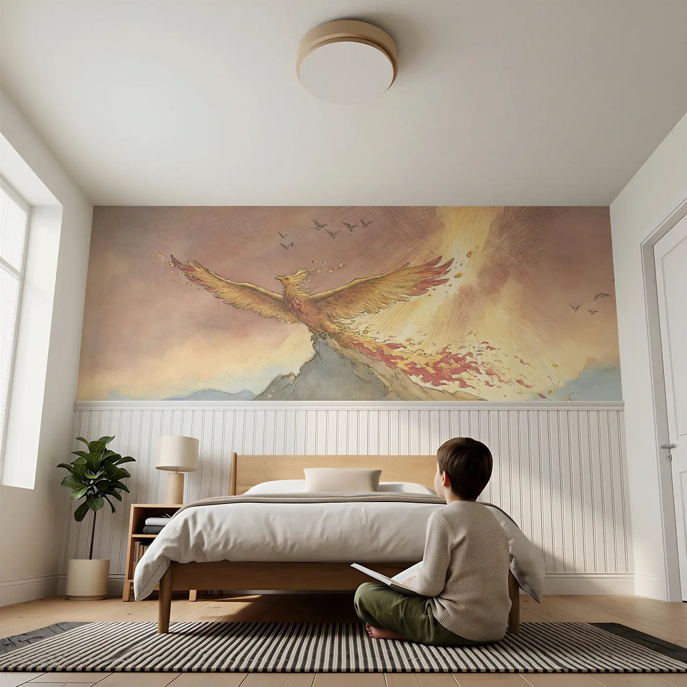 Child reading near Phoenix Rising Dawn Sky Wainscoting Wallpaper by Whimsy Tots