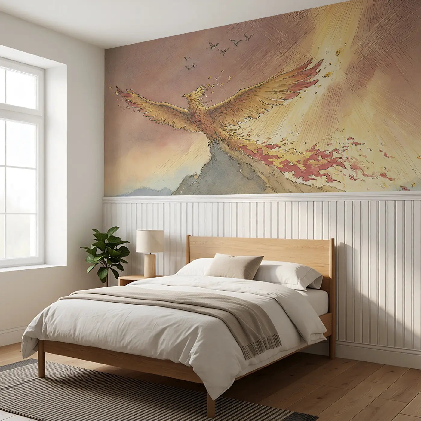 Phoenix Rising Dawn Sky Wainscoting Wallpaper styled in a kids bedroom by Whimsy Tots