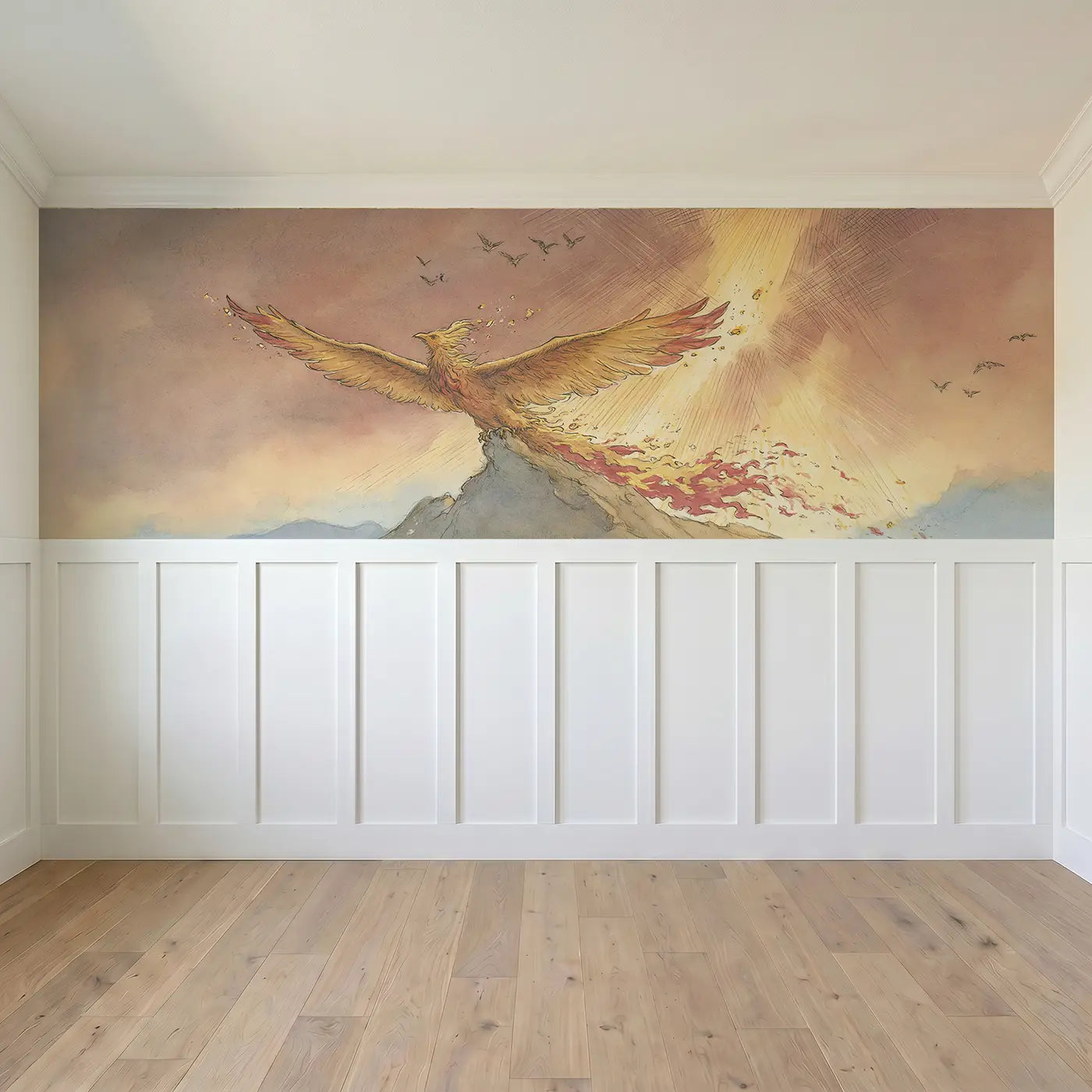 Full panel view of Phoenix Rising Dawn Sky Wainscoting Wallpaper by Whimsy Tots