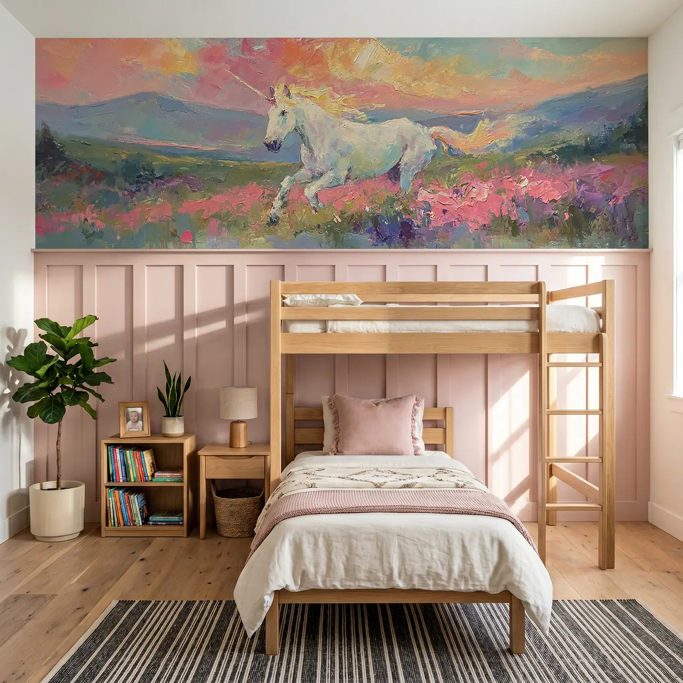 Painted Landscape unicorn sunset valley oil wainscoting wallpaper for bedroom by Whimsy Tots