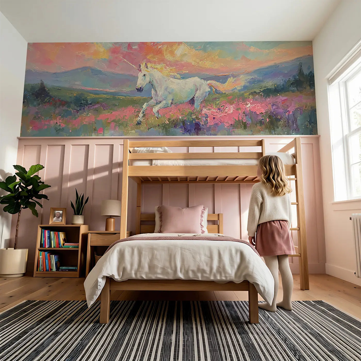 Child reading near Unicorn Sunset Valley Oil Wainscoting Wallpaper by Whimsy Tots