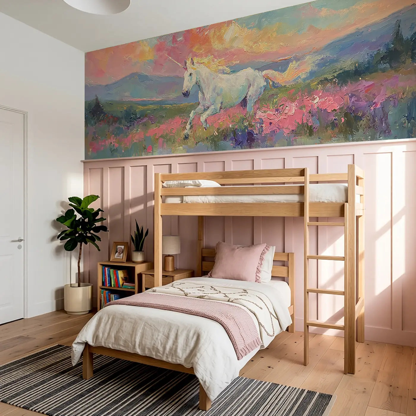 Unicorn Sunset Valley Oil Wainscoting Wallpaper styled in a kids bedroom by Whimsy Tots