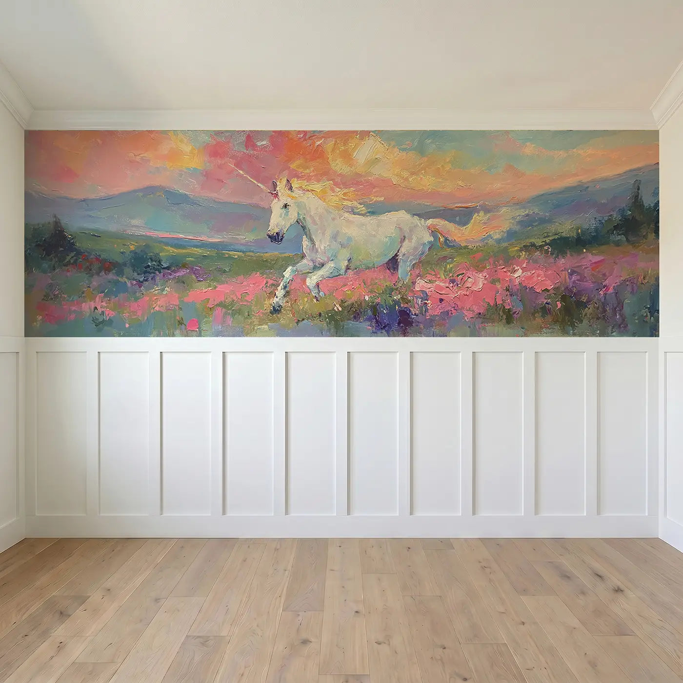 Full panel view of Unicorn Sunset Valley Oil Wainscoting Wallpaper by Whimsy Tots