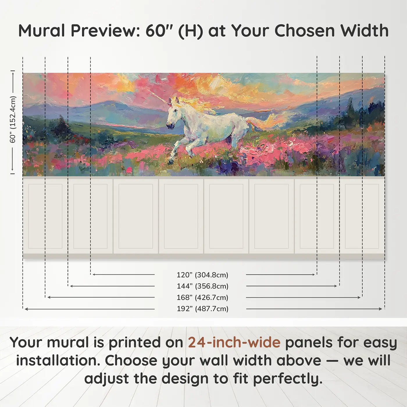 Panel dimensions for Unicorn Sunset Valley Oil Wainscoting Wallpaper by Whimsy Tots