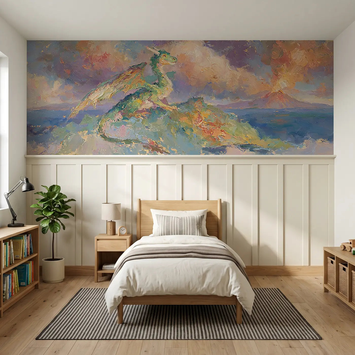 Painted Landscape dragon island volcano sky wainscoting wallpaper for bedroom by Whimsy Tots