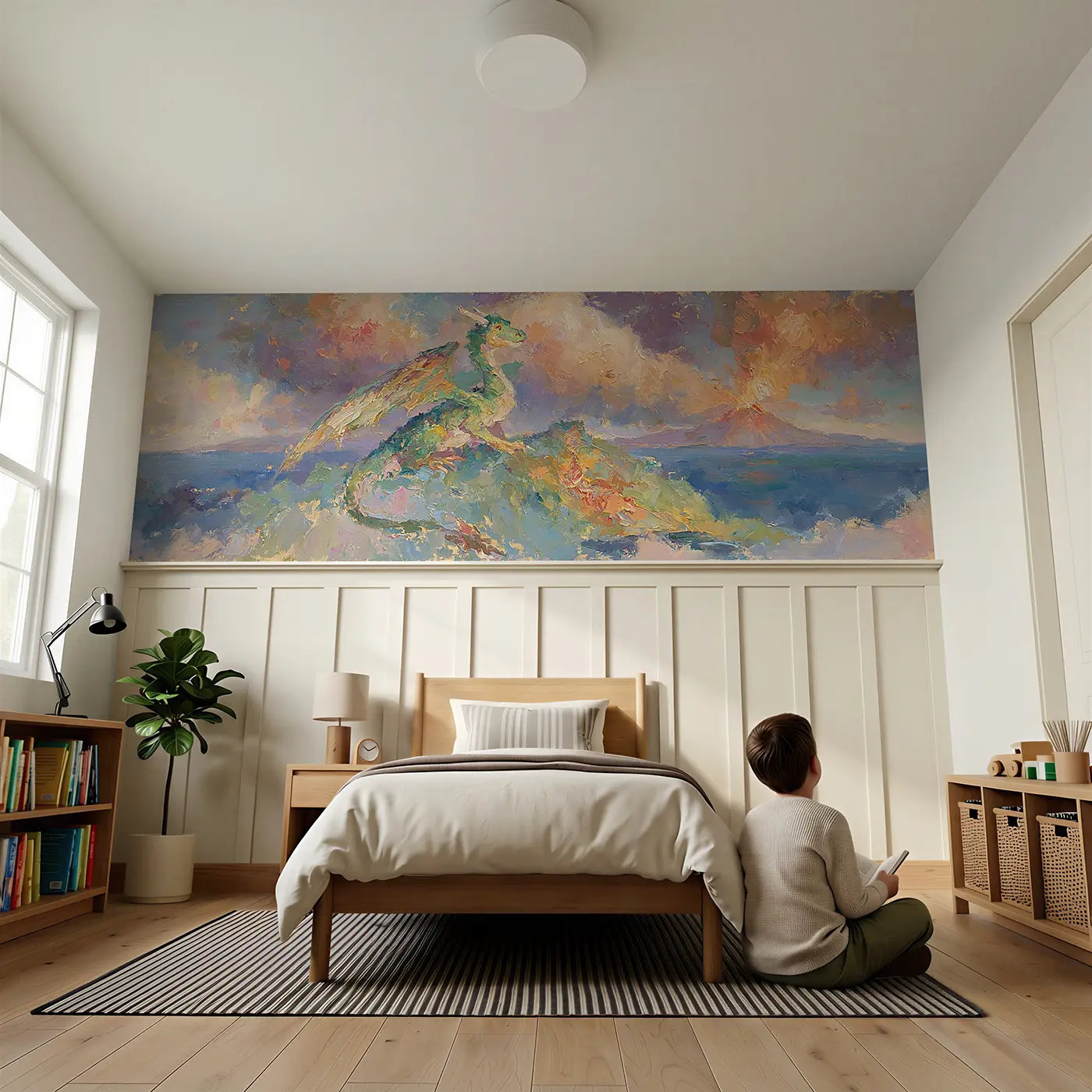 Child reading near Dragon Island Volcano Sky Wainscoting Wallpaper by Whimsy Tots