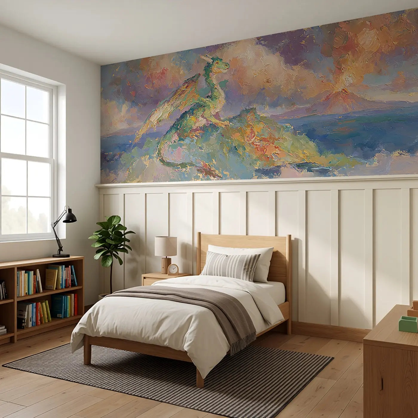 Dragon Island Volcano Sky Wainscoting Wallpaper styled in a kids bedroom by Whimsy Tots