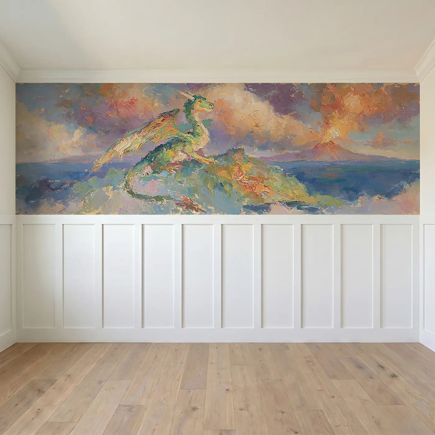 Full panel view of Dragon Island Volcano Sky Wainscoting Wallpaper by Whimsy Tots