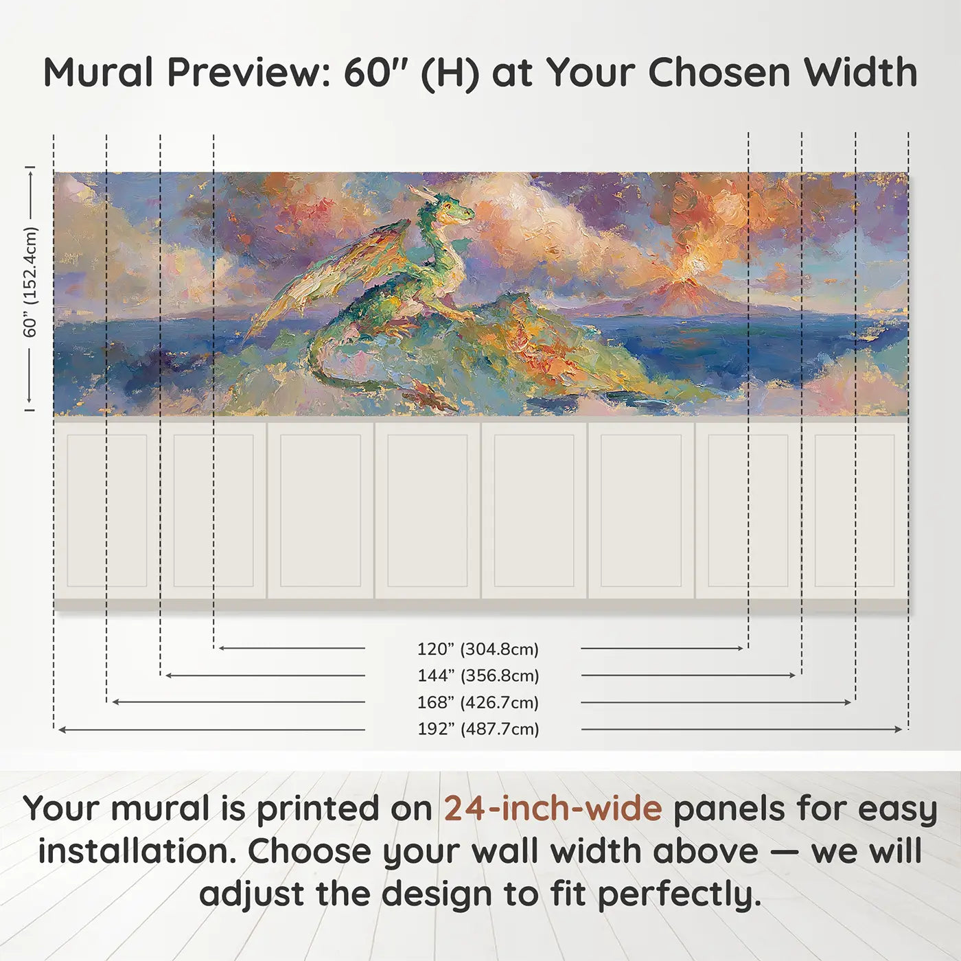 Panel dimensions for Dragon Island Volcano Sky Wainscoting Wallpaper by Whimsy Tots