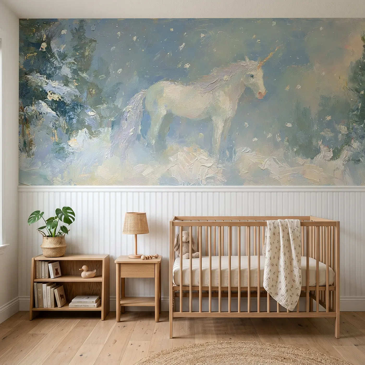 Painted Landscape unicorn snow forest oil wainscoting wallpaper for nursery by Whimsy Tots