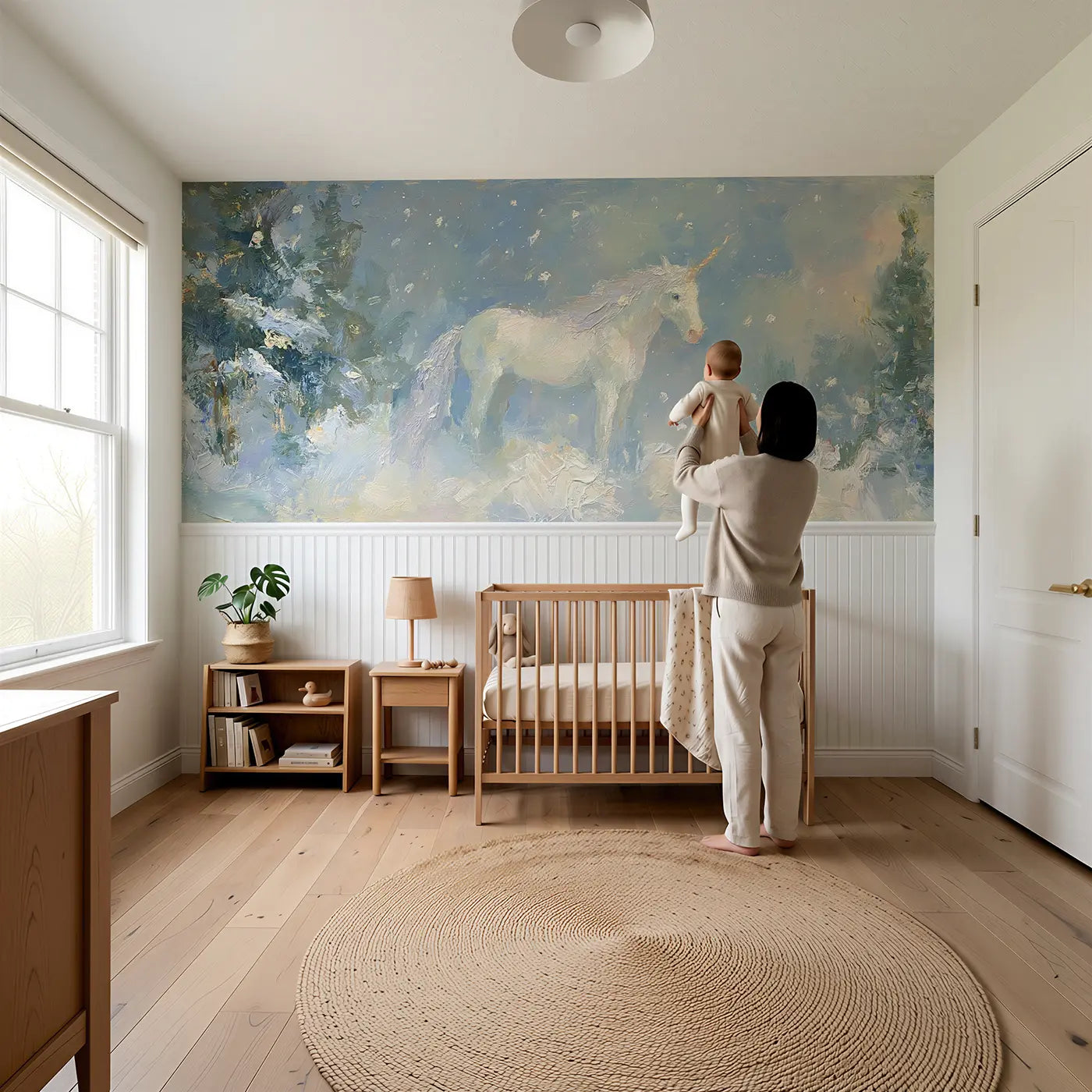 Child reading near Unicorn Snow Forest Oil Wainscoting Wallpaper by Whimsy Tots