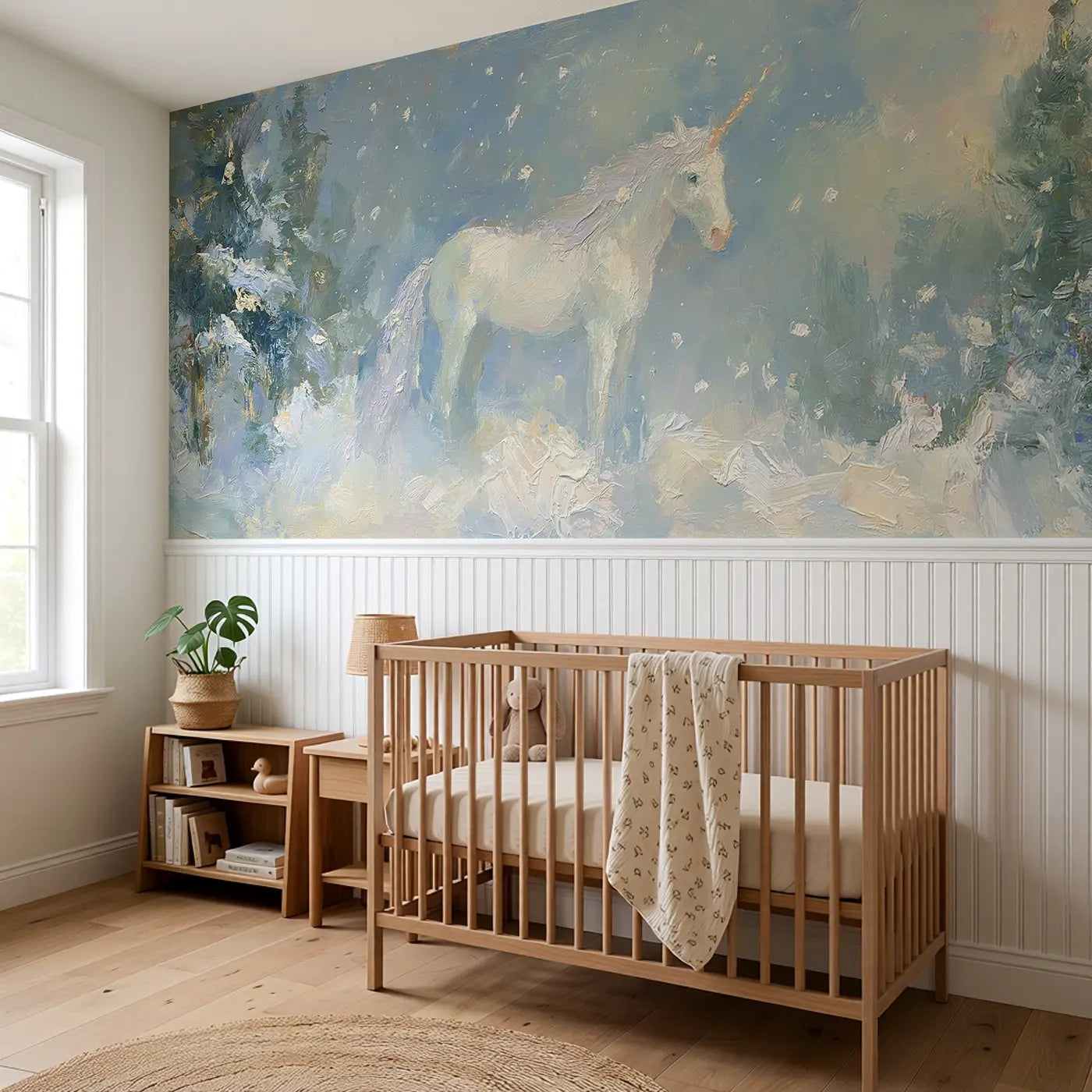 Unicorn Snow Forest Oil Wainscoting Wallpaper styled in a kids bedroom by Whimsy Tots