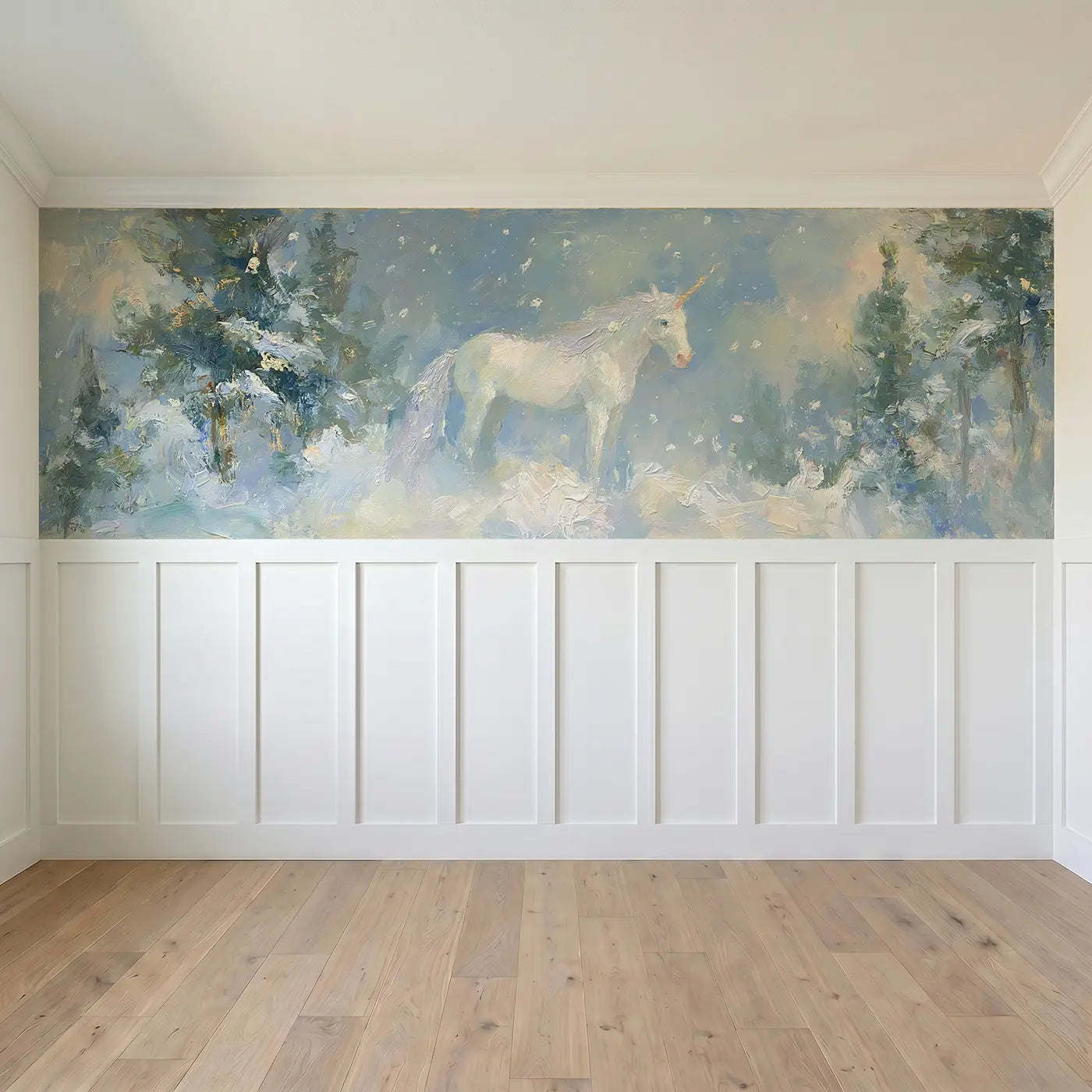 Full panel view of Unicorn Snow Forest Oil Wainscoting Wallpaper by Whimsy Tots