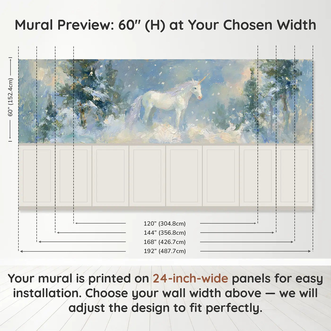 Panel dimensions for Unicorn Snow Forest Oil Wainscoting Wallpaper by Whimsy Tots