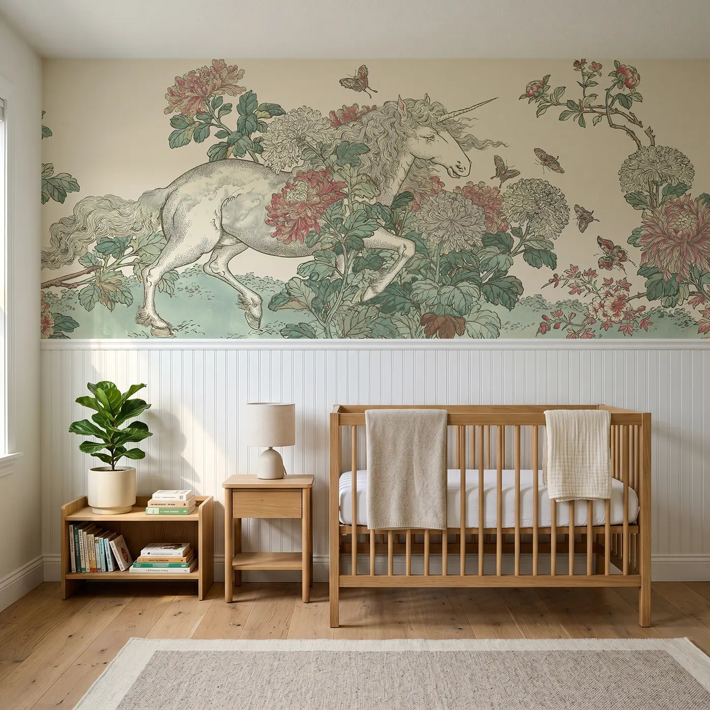 Botanical Elegance unicorn chrysanthemum toile wainscoting wallpaper for nursery by Whimsy Tots