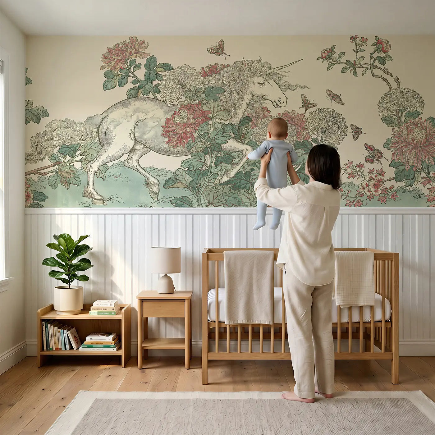 Child reading near Unicorn Chrysanthemum Toile Wainscoting Wallpaper by Whimsy Tots