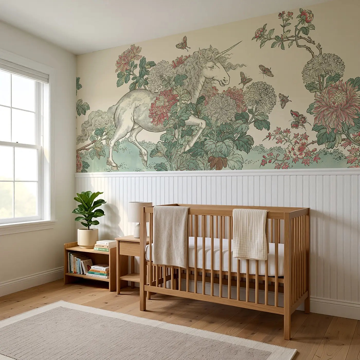 Unicorn Chrysanthemum Toile Wainscoting Wallpaper styled in a kids bedroom by Whimsy Tots