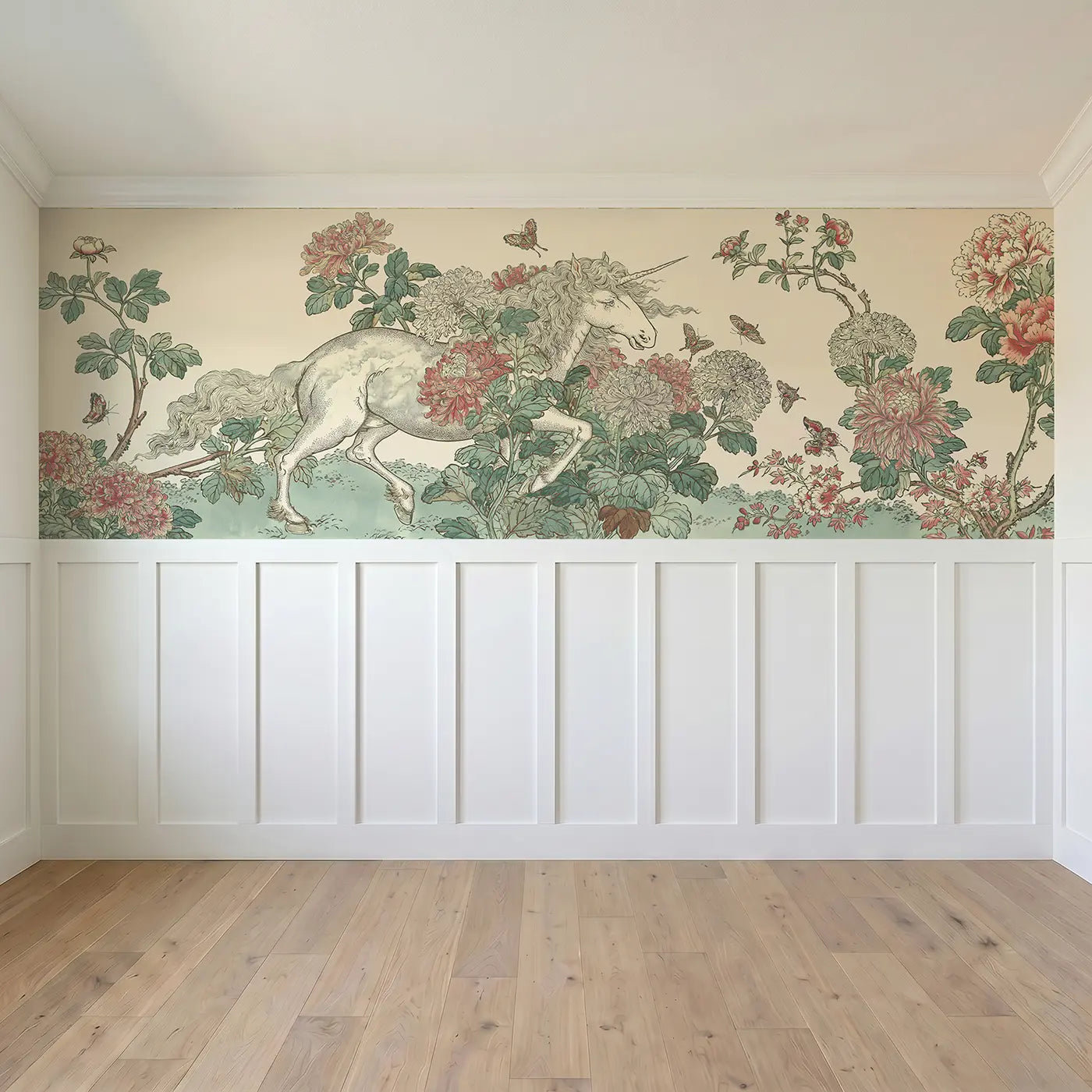 Full panel view of Unicorn Chrysanthemum Toile Wainscoting Wallpaper by Whimsy Tots