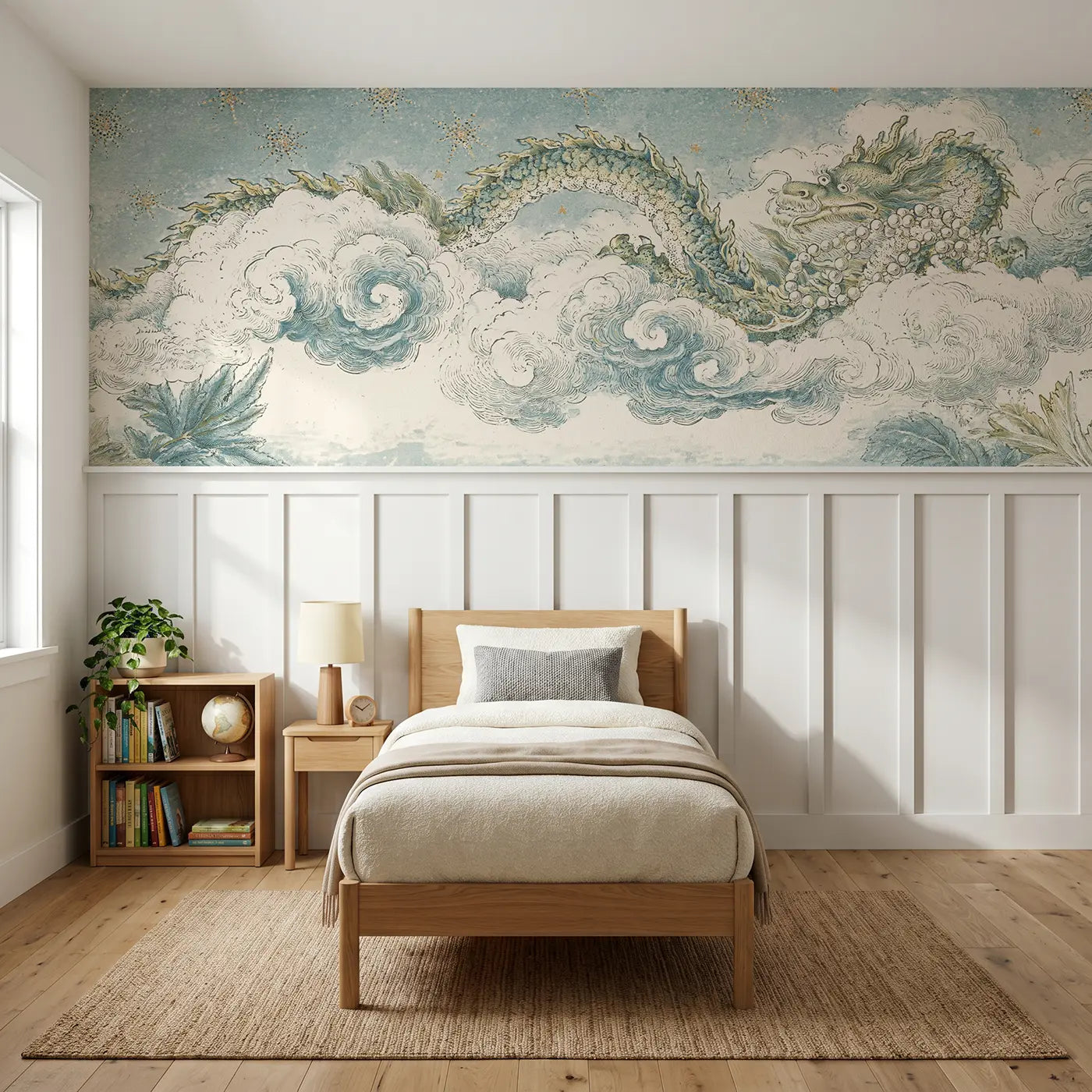 Botanical Elegance dragon cloud celestial toile wainscoting wallpaper for bedroom by Whimsy Tots