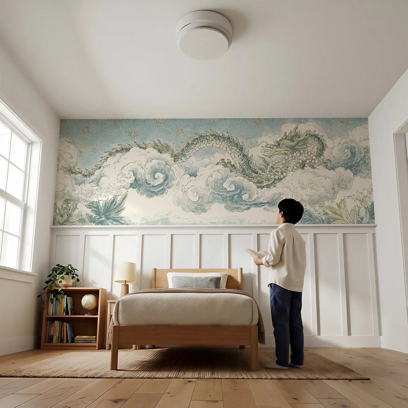 Child reading near Dragon Cloud Celestial Toile Wainscoting Wallpaper by Whimsy Tots