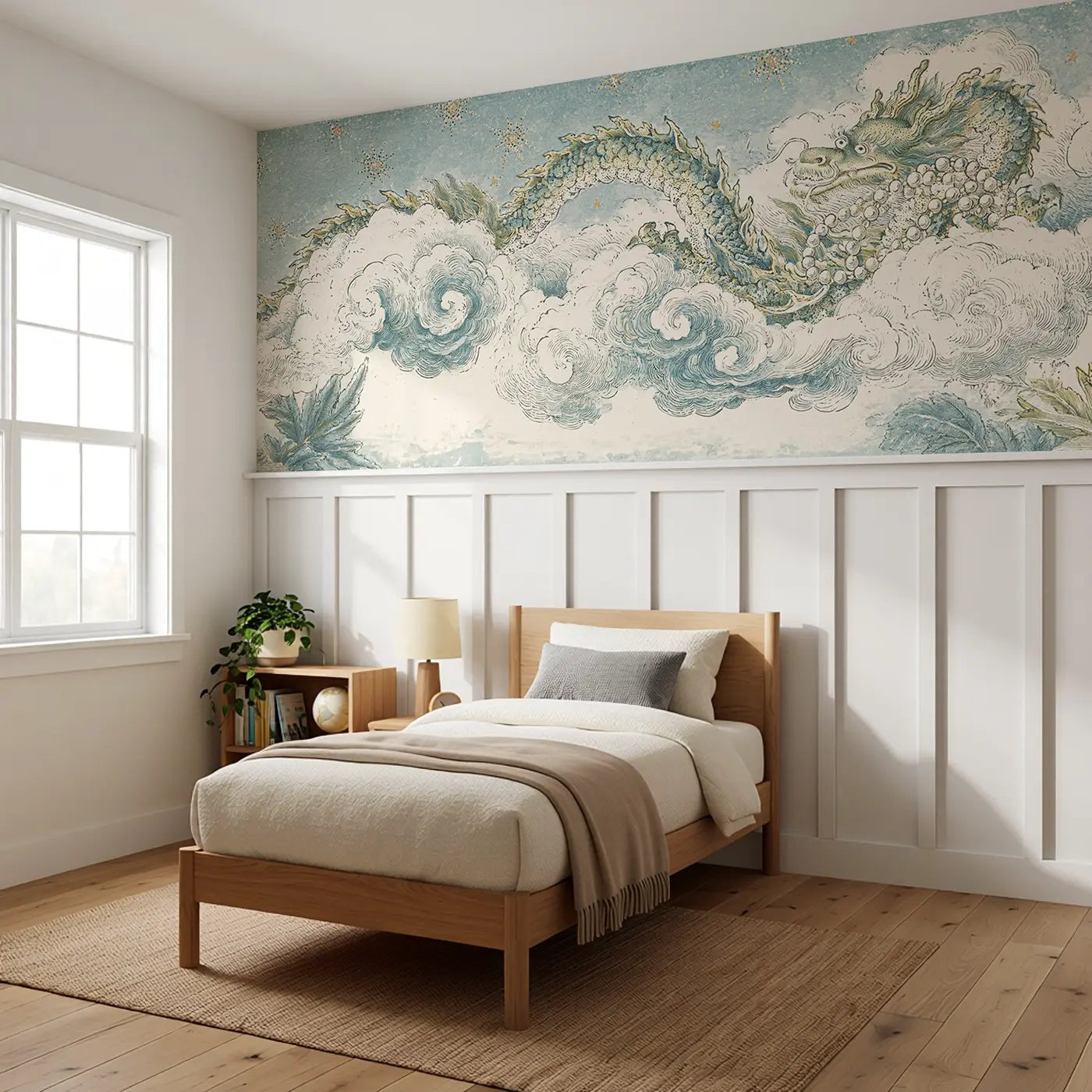 Dragon Cloud Celestial Toile Wainscoting Wallpaper styled in a kids bedroom by Whimsy Tots