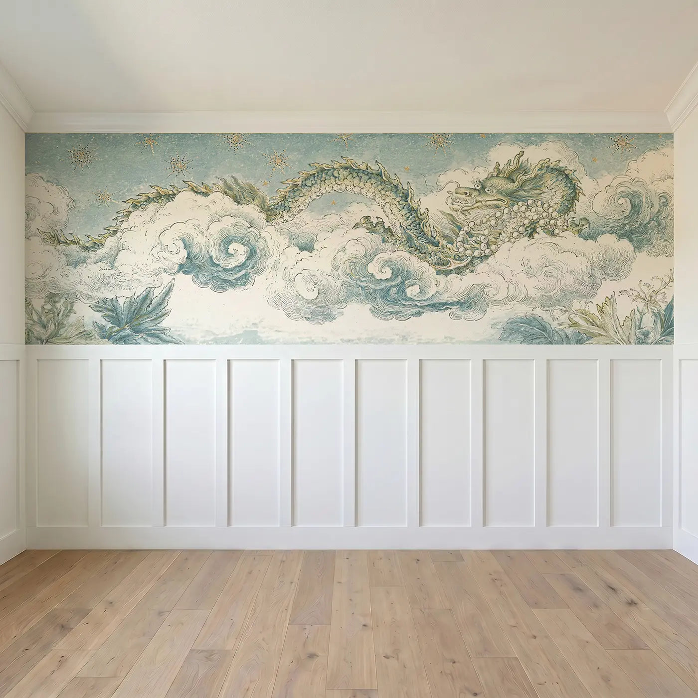 Full panel view of Dragon Cloud Celestial Toile Wainscoting Wallpaper by Whimsy Tots