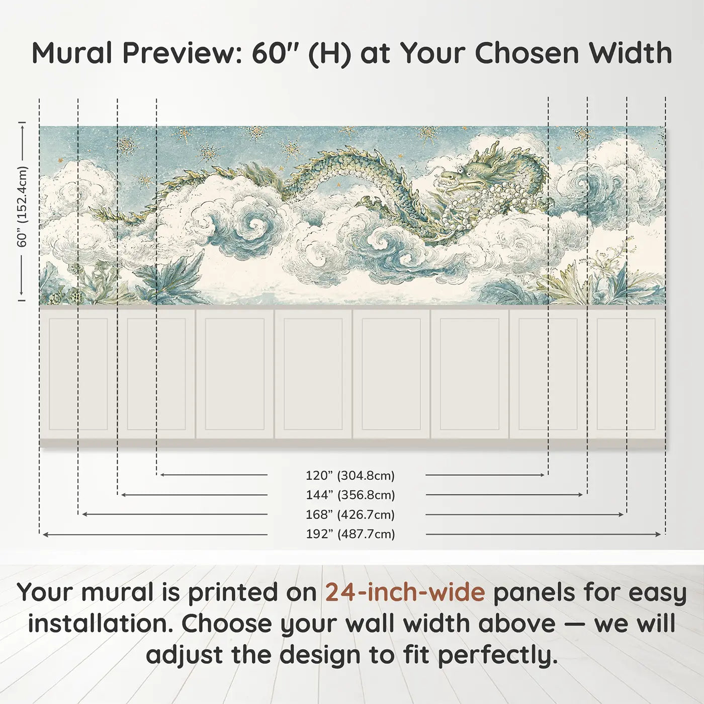 Panel dimensions for Dragon Cloud Celestial Toile Wainscoting Wallpaper by Whimsy Tots