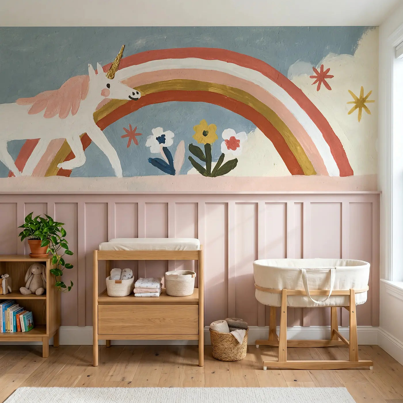 Modern Illustration graphic unicorn rainbow wainscoting wallpaper for nursery by Whimsy Tots