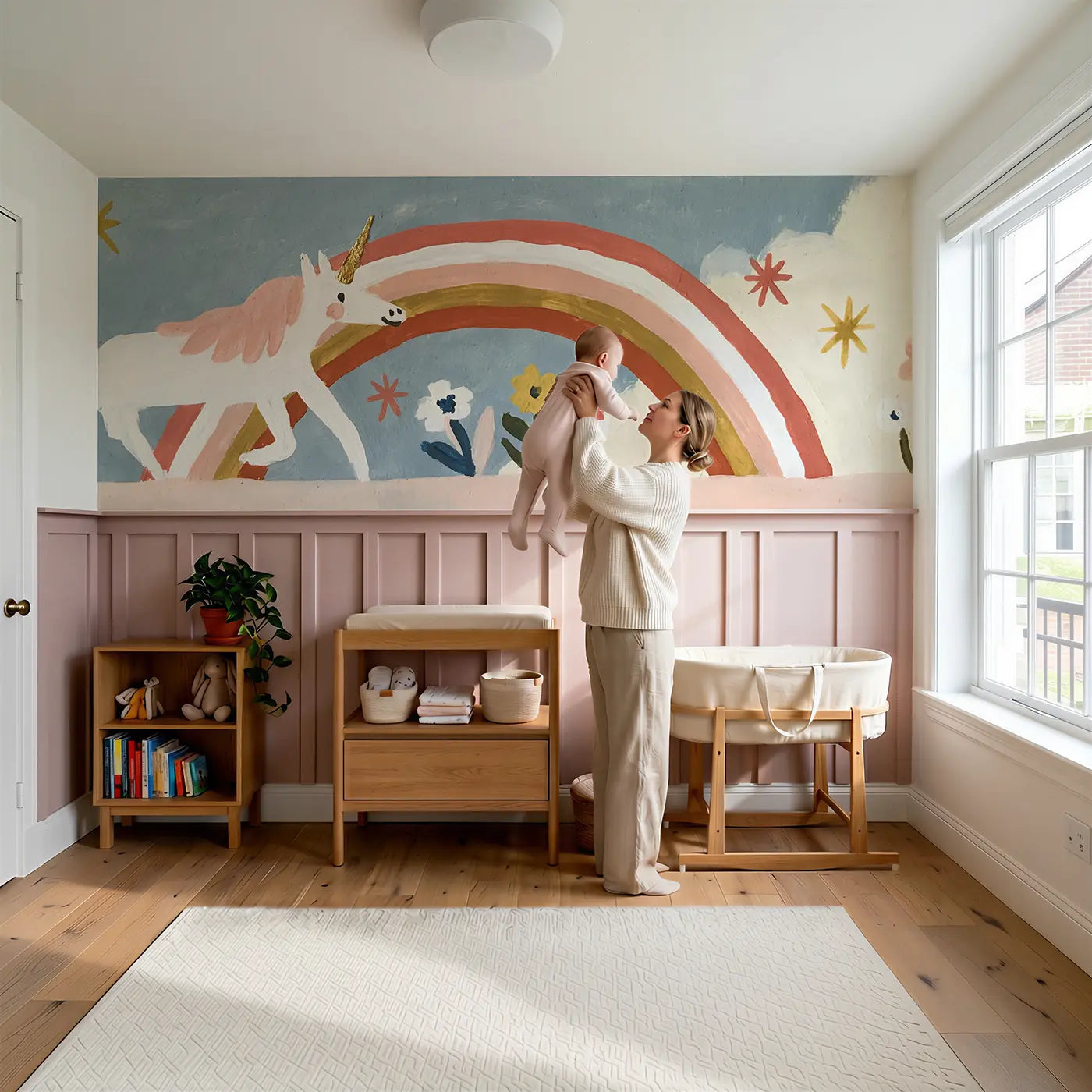 Child reading near Graphic Unicorn Rainbow Wainscoting Wallpaper by Whimsy Tots