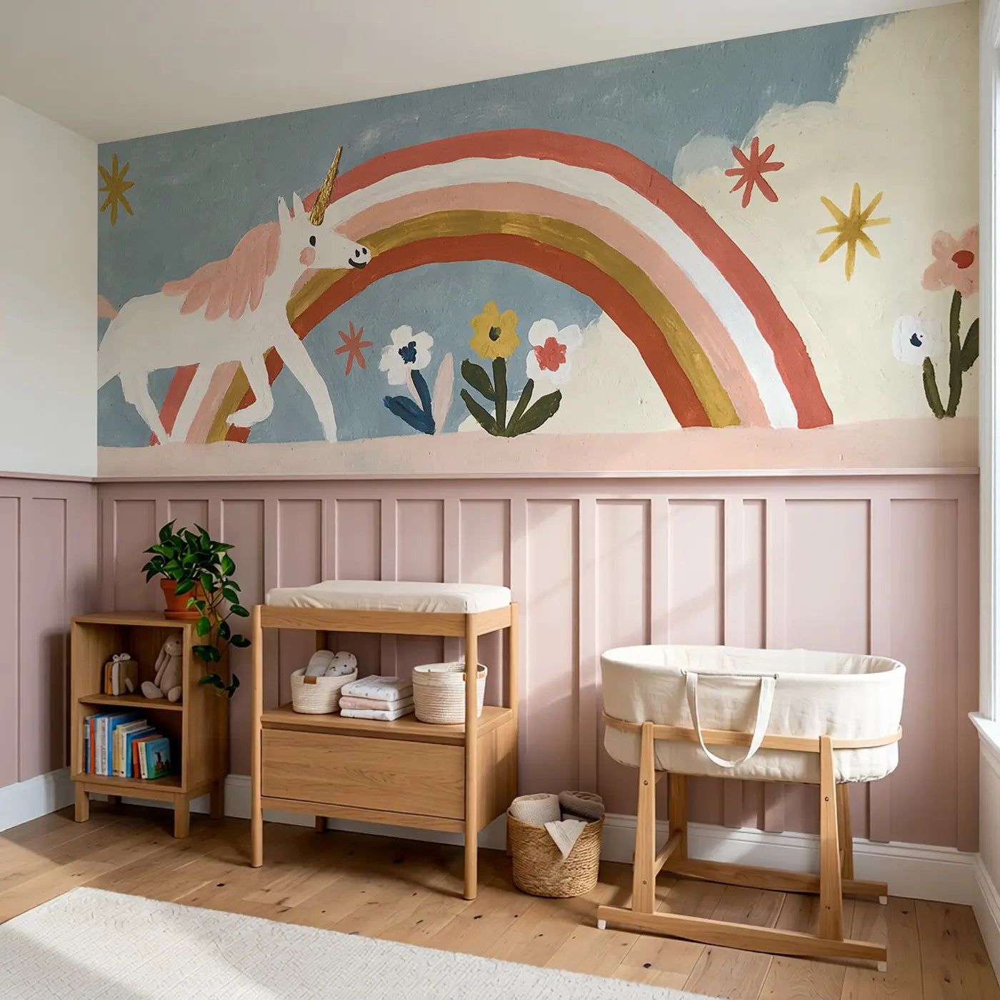 Graphic Unicorn Rainbow Wainscoting Wallpaper styled in a kids bedroom by Whimsy Tots