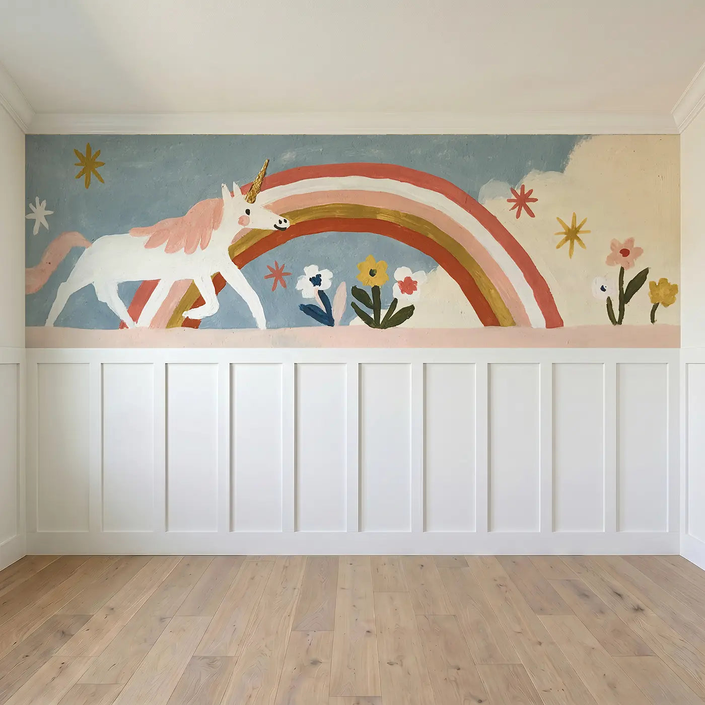 Full panel view of Graphic Unicorn Rainbow Wainscoting Wallpaper by Whimsy Tots