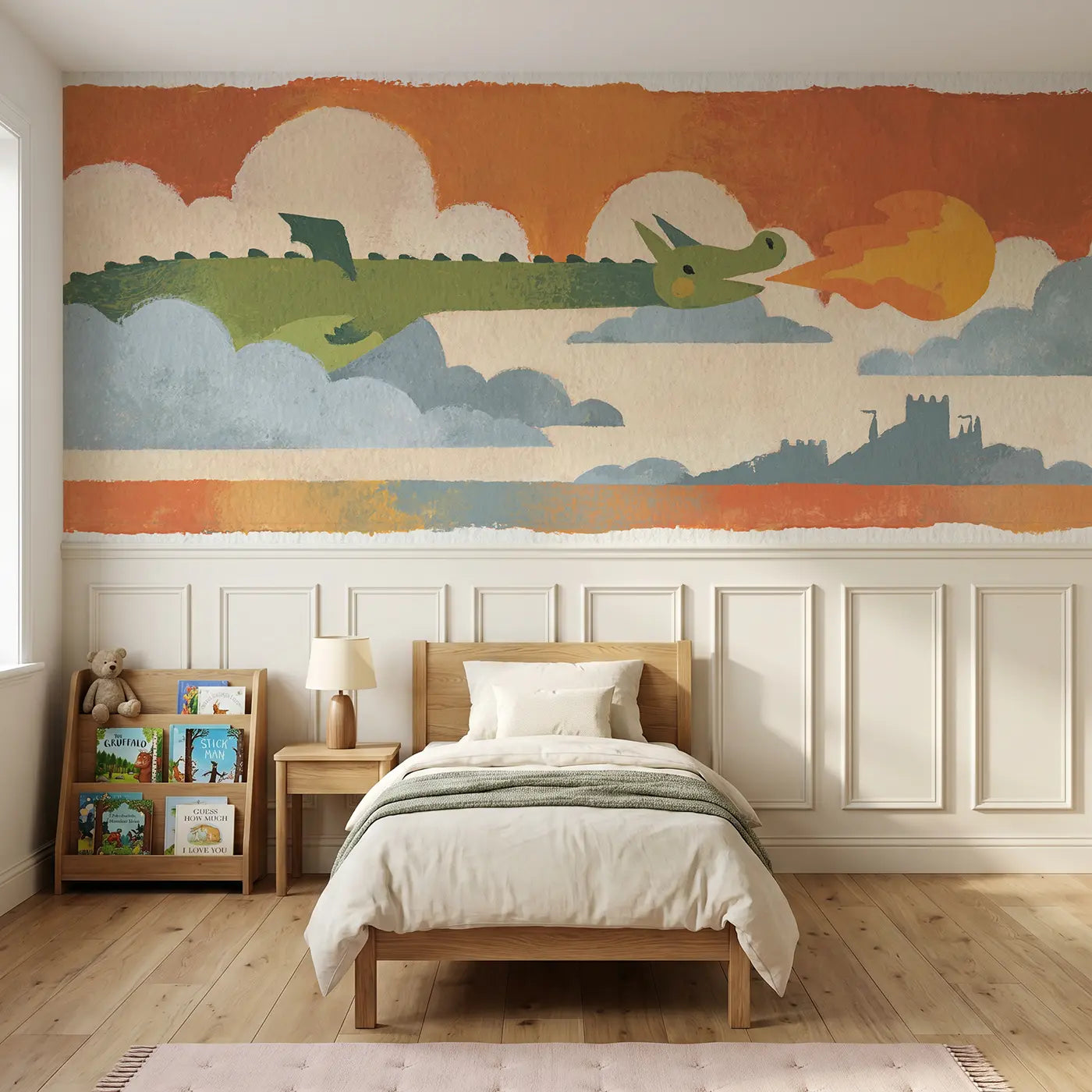 Modern Illustration bold dragon sky flight wainscoting wallpaper for bedroom by Whimsy Tots