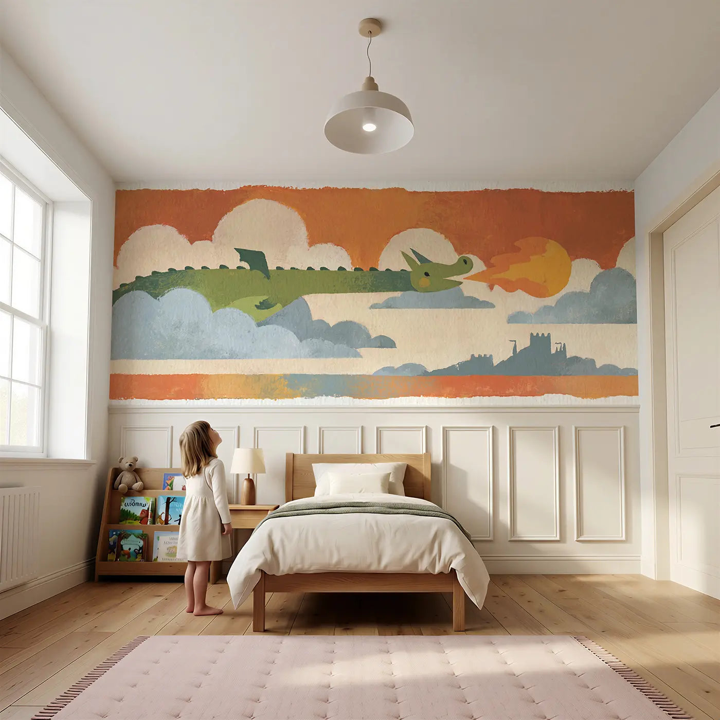 Child reading near Bold Dragon Sky Flight Wainscoting Wallpaper by Whimsy Tots