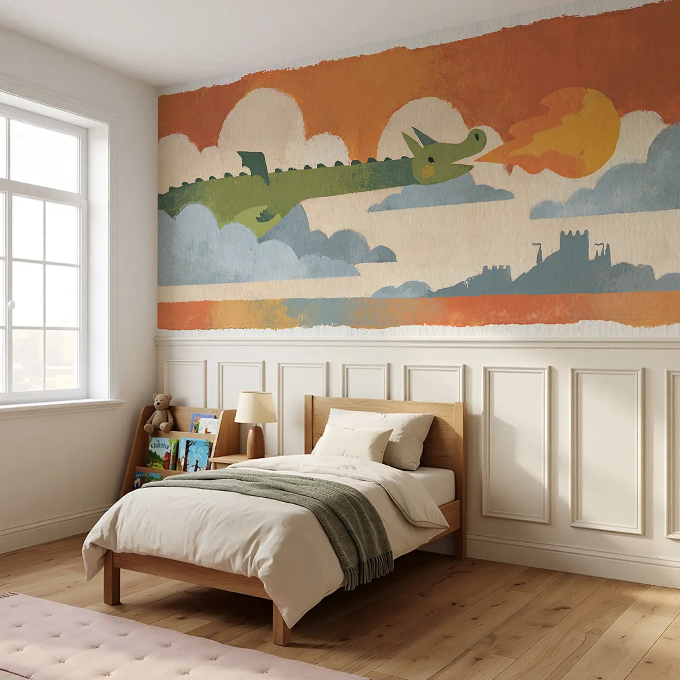 Bold Dragon Sky Flight Wainscoting Wallpaper styled in a kids bedroom by Whimsy Tots