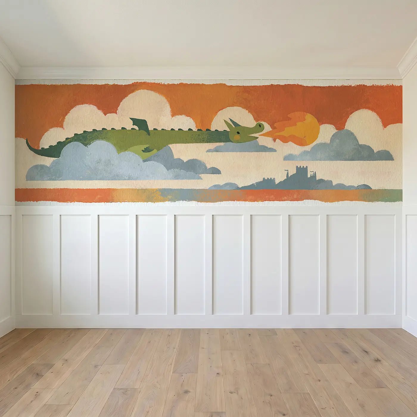 Full panel view of Bold Dragon Sky Flight Wainscoting Wallpaper by Whimsy Tots