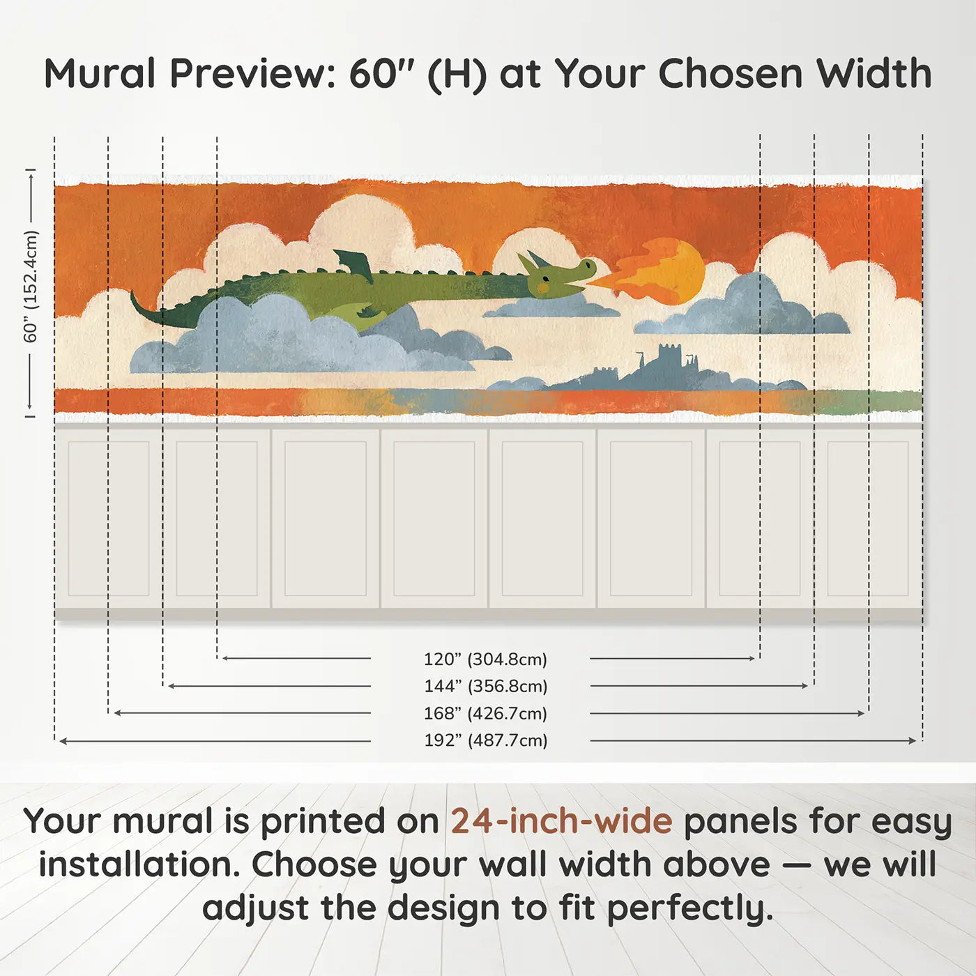 Panel dimensions for Bold Dragon Sky Flight Wainscoting Wallpaper by Whimsy Tots