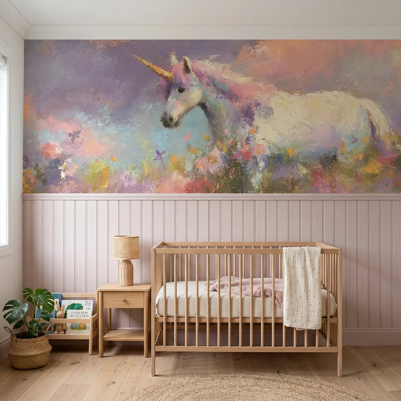 Soft Pastel chalk unicorn garden dream wainscoting wallpaper for nursery by Whimsy Tots