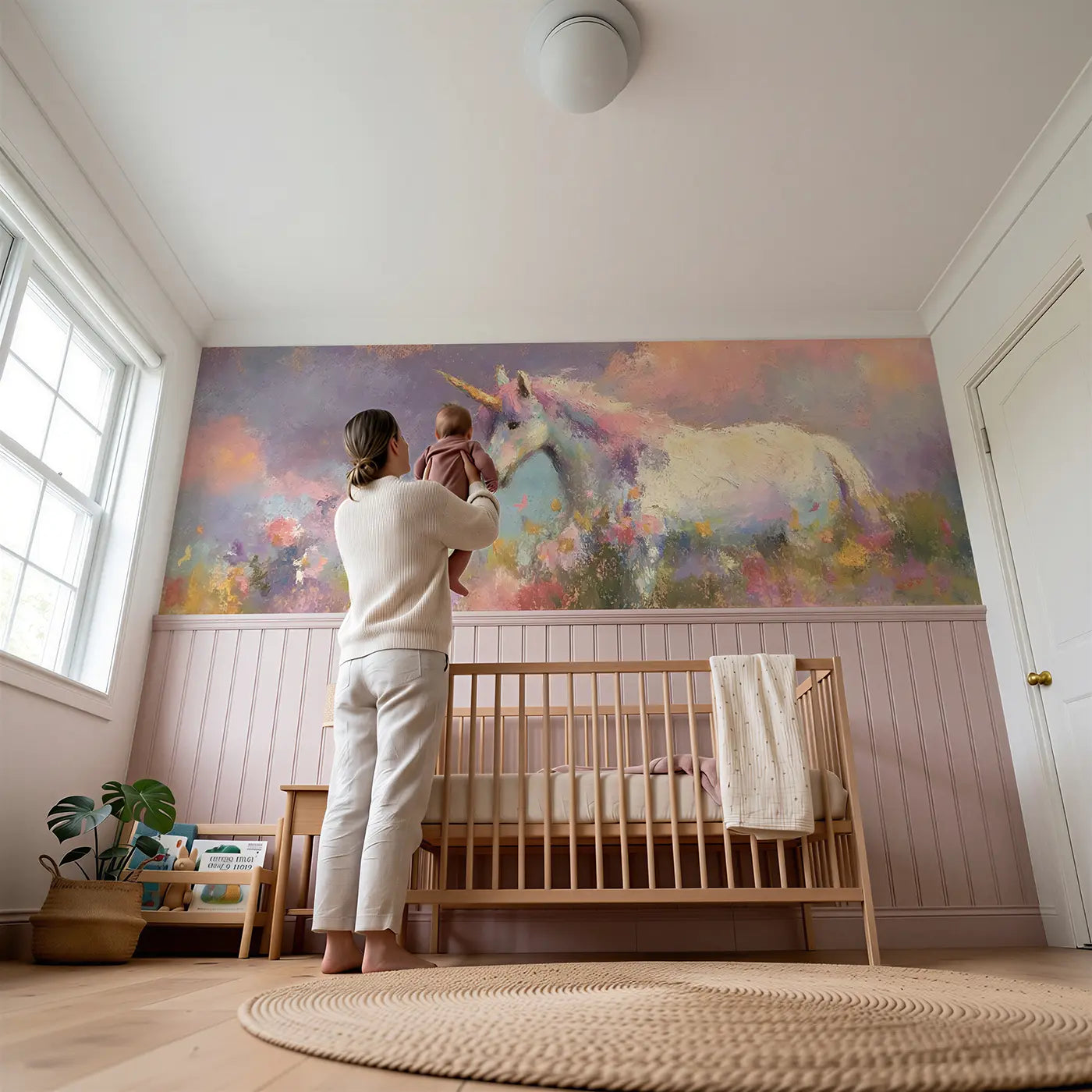 Child reading near Chalk Unicorn Garden Dream Wainscoting Wallpaper by Whimsy Tots