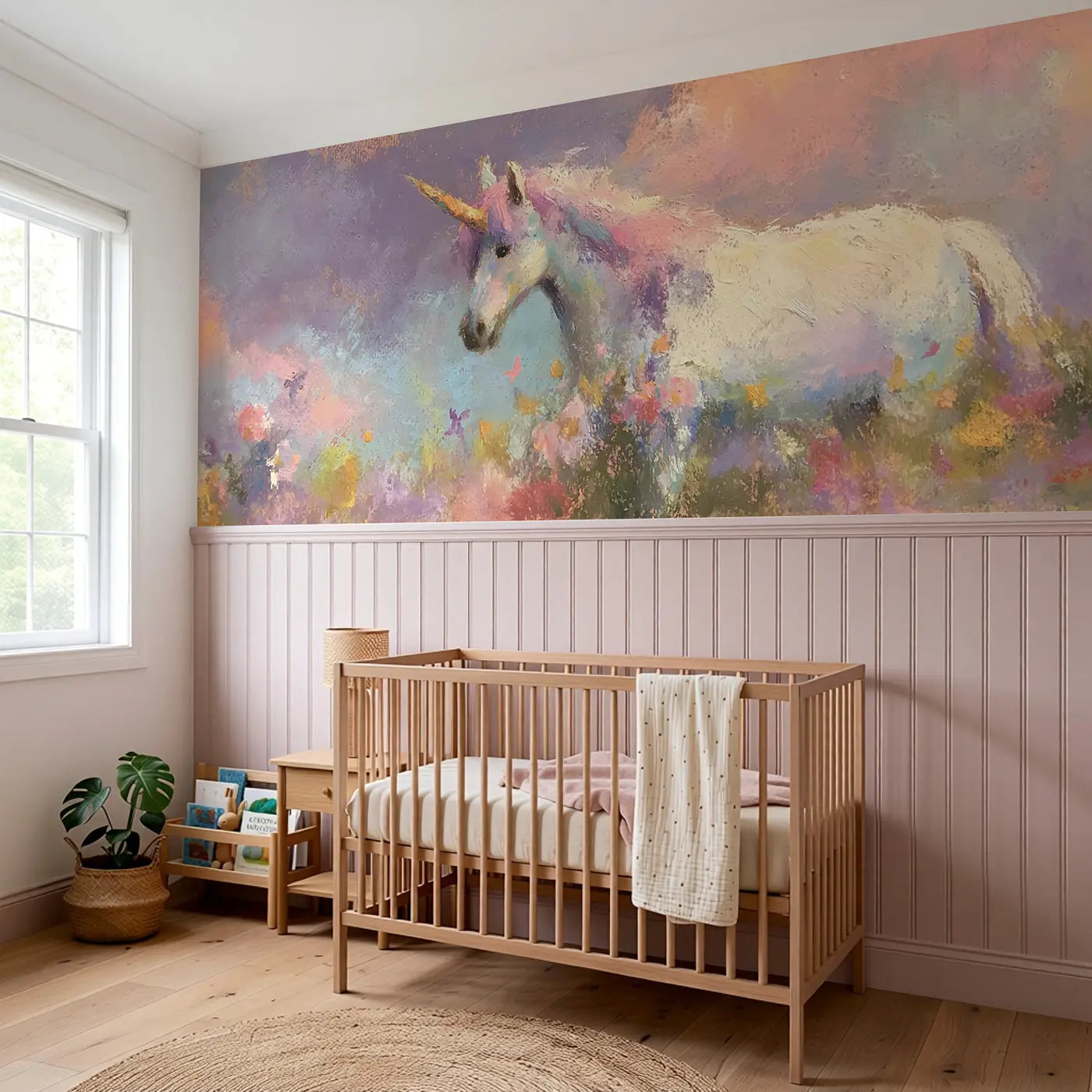 Chalk Unicorn Garden Dream Wainscoting Wallpaper styled in a kids bedroom by Whimsy Tots