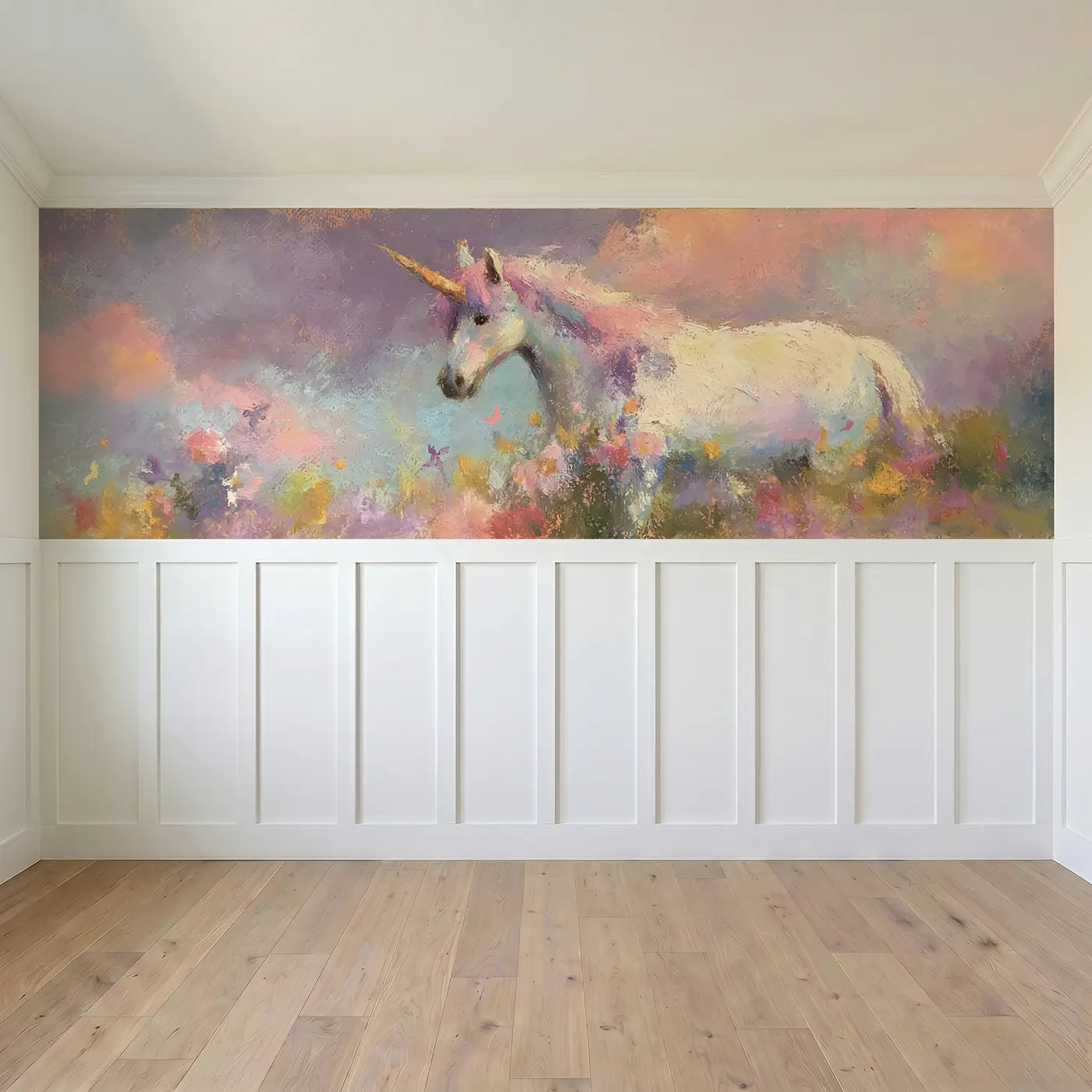Full panel view of Chalk Unicorn Garden Dream Wainscoting Wallpaper by Whimsy Tots