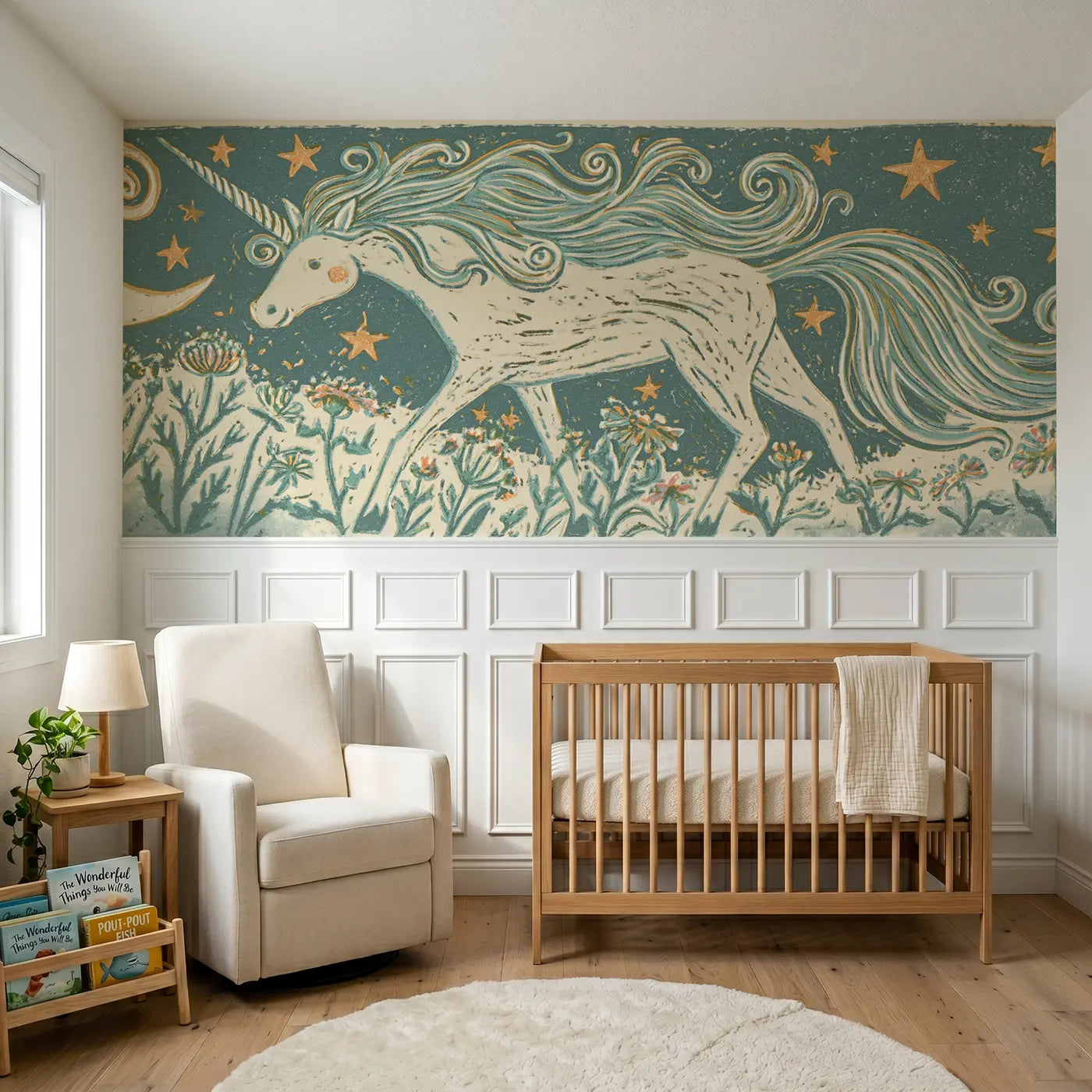 Block Print carved unicorn star folk wainscoting wallpaper for nursery by Whimsy Tots