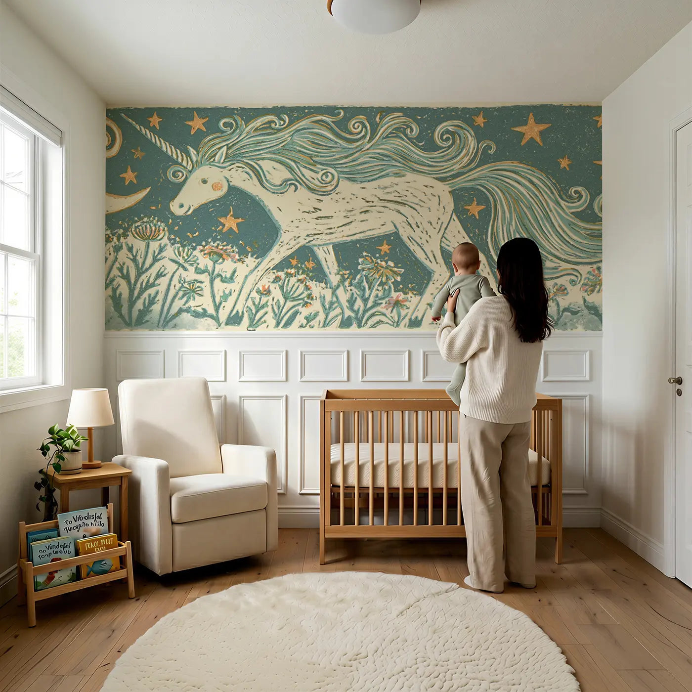 Child reading near Carved Unicorn Star Folk Wainscoting Wallpaper by Whimsy Tots
