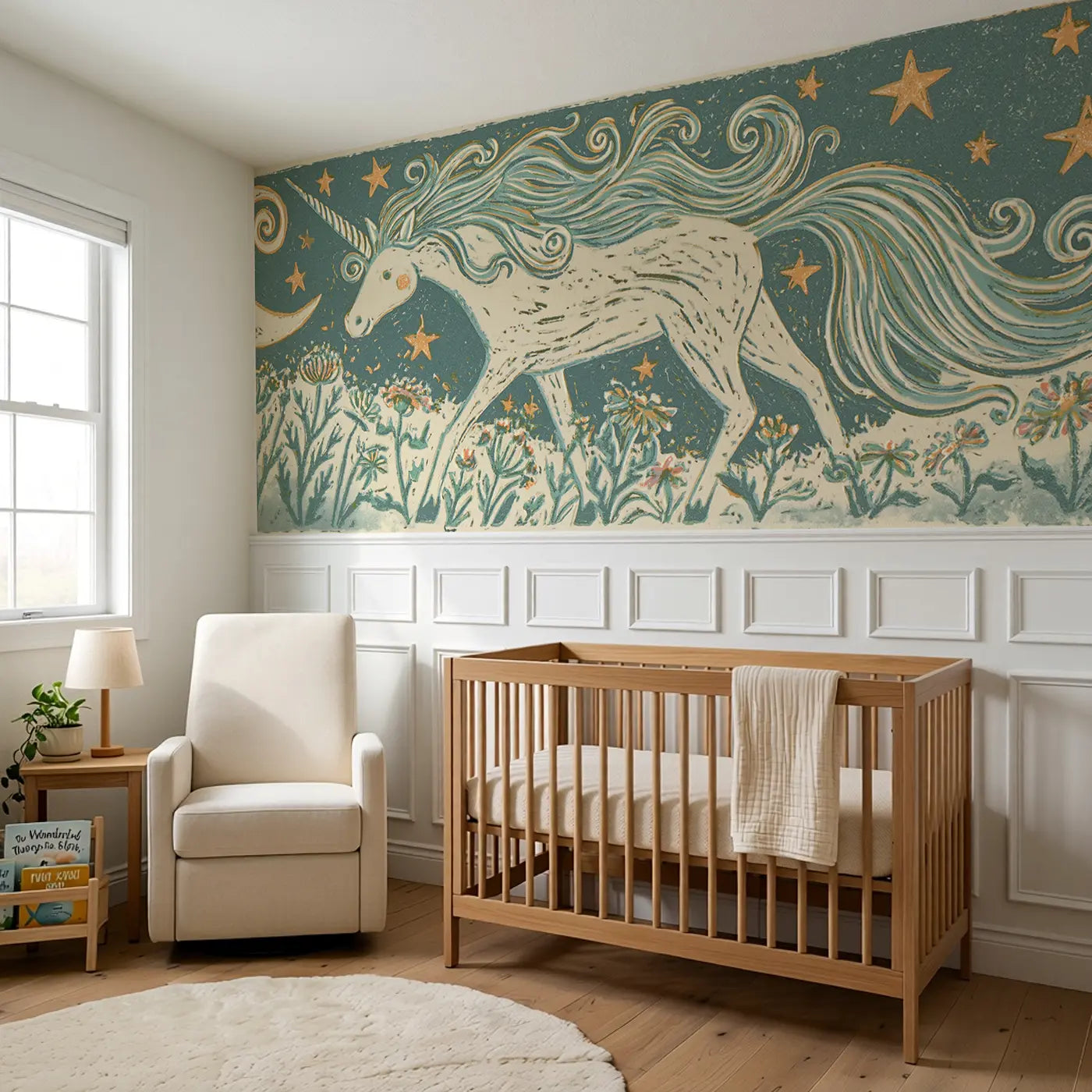 Carved Unicorn Star Folk Wainscoting Wallpaper styled in a kids bedroom by Whimsy Tots