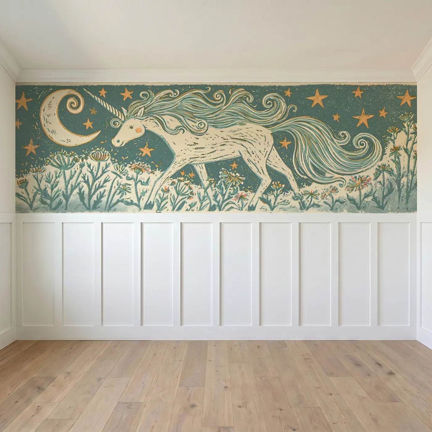 Full panel view of Carved Unicorn Star Folk Wainscoting Wallpaper by Whimsy Tots