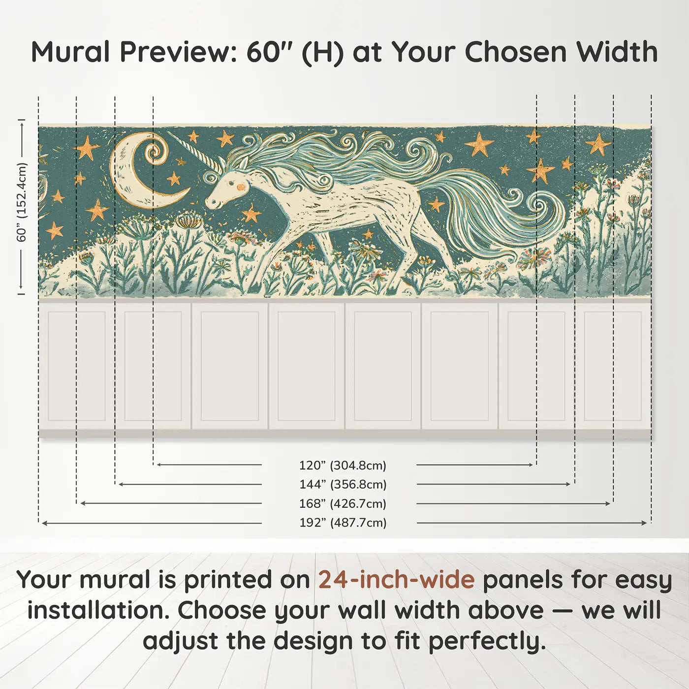 Panel dimensions for Carved Unicorn Star Folk Wainscoting Wallpaper by Whimsy Tots